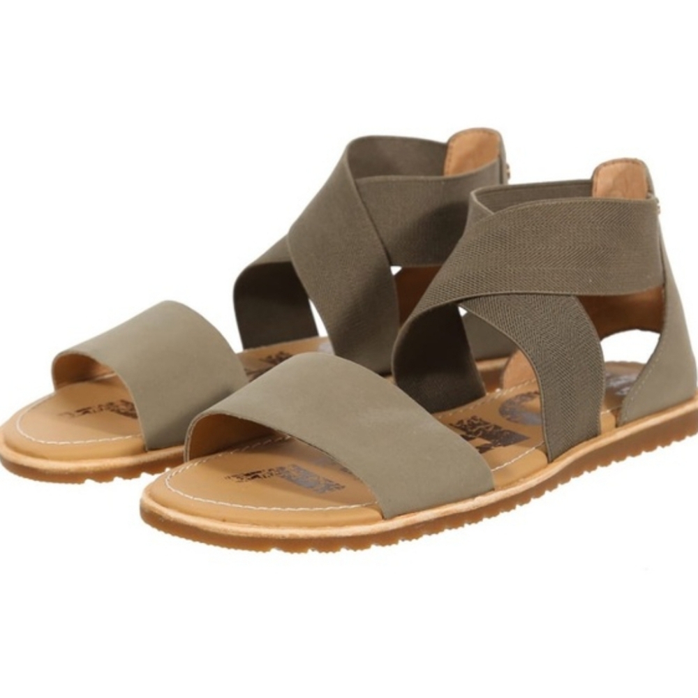 Sorel Green Gray Flat Ella Elastic Crossover Sandals